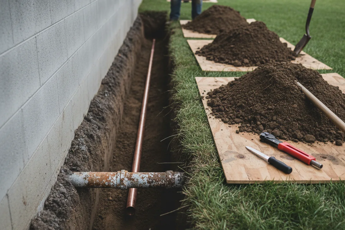 Excavated water line trench during Water Heater Repair in Clifton